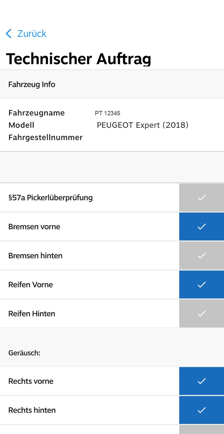 Prüfpunkte eines technischen Auftrags in der WUMS App