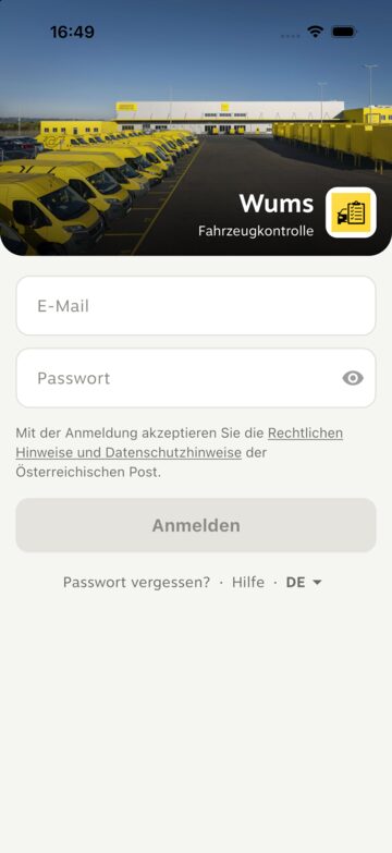 Startseite der WUMS App mit den Feldern E-Mail und Passwort